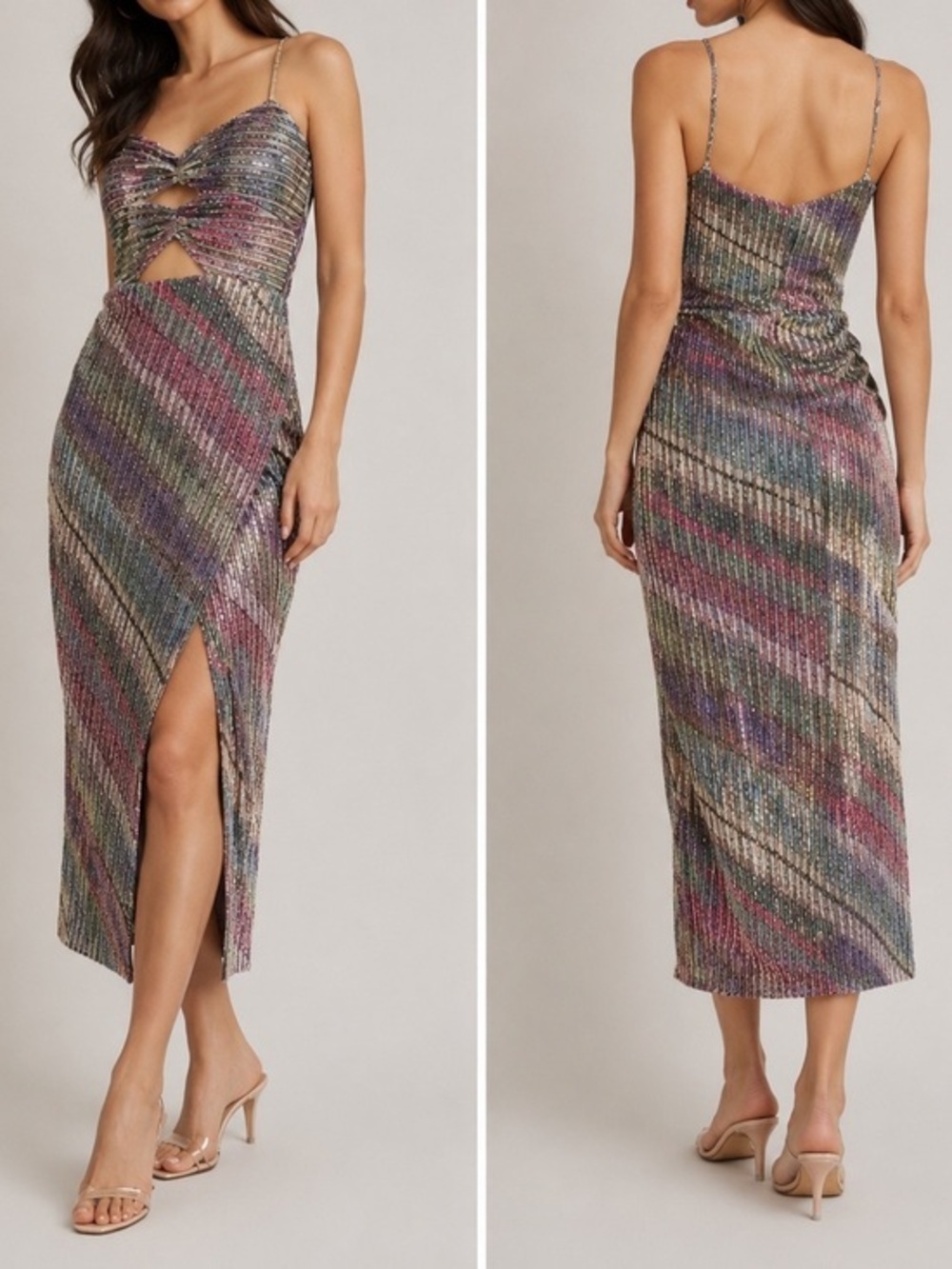Saylor Lissandra Rainbow Sequin Crystal Cutout Wrap Cocktail Wedding Midi Dress